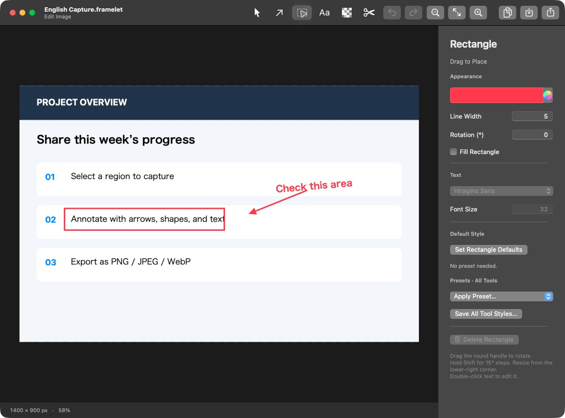 Framelet’s image editor with arrows, text annotations, and controls for color and line width.