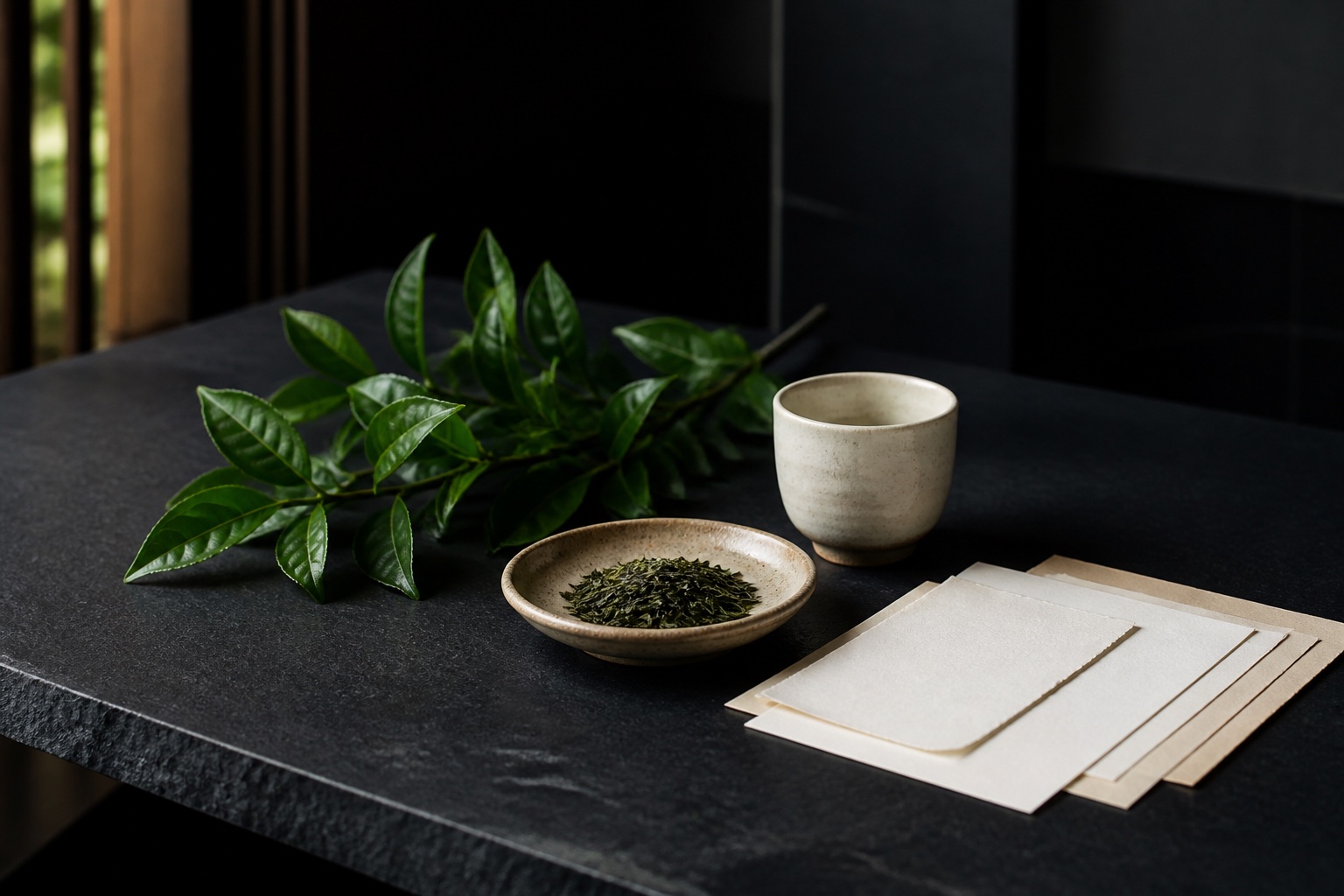 日本茶の調査と調達を象徴する茶葉と資料